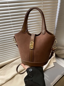Retro Bucket Bag Women Fashion Suede PU Leather Splicing Metal Lock Handheld Crossbody Shoulder Bag Minimalist Commuting