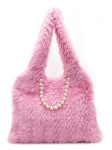 Plush pink handbag for women featuring faux fur material and decorative pearl chain strap