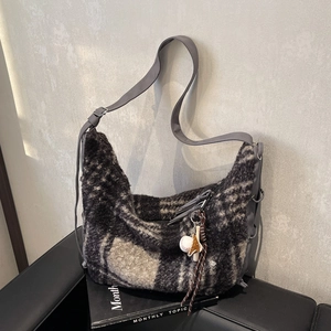 Japanese style wool plaid hobo bag with adjustable strap and baseball charm