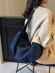 Large capacity dark blue denim crossbody bag with adjustable silver buckle strap