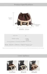 Detailed size chart and color options for the faux leather drawstring bucket bag