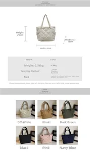 Detailed size chart and multi-color specifications for the quilted down tote bag