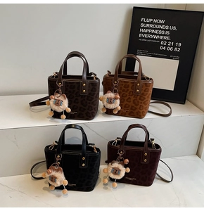 Collection of frosted leopard print mini tote bags with alpaca pendants in four colors