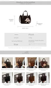Detailed size chart and multi-color view of plush leopard print bucket bag with charm