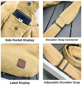 Detailansicht der senfgelben Canvas-Tasche mit Seitentaschen und Trageriemen