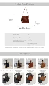 Size chart showing large and small PU leather bucket bag dimensions and color options