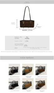 Detailed dimension chart and material specs for the matte PU leather tote bag with three colors