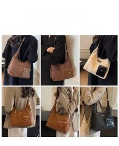Multiple views showing various colors of large hobo shoulder bags on a fashion model
