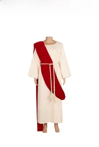 Medieval missionary costume detail featuring cream tunic, dark red shawl, and rope belt