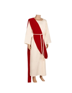 Detail of medieval missionary costume featuring off-white robe and red shoulder sash