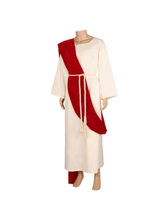 Detail of medieval missionary robe with red sash and rustic rope belt for cosplay