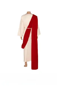 Detail view of the medieval costume robe with red sash and woven belt from behind