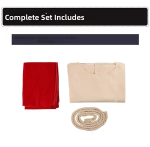 Three-piece medieval missionary cosplay set with white dress, red shawl, and rope belt