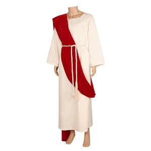 Men's Medieval Greek missionary costume with cream tunic, red shawl and rope belt