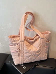 Women Quilted Tote Bag Large Capacity Nylon Rhombic Stitching Commuter Shoulder Bag Casual Puffer Handbag Solid Color Travel Work Shopper Bag