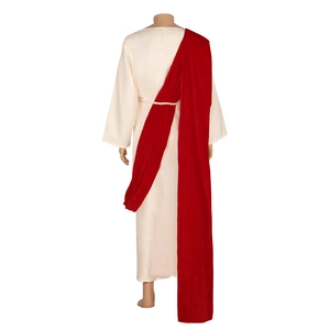 Back view of Medieval costume robe with red drape and rope belt for cosplay events