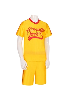 Detail van geel Average Joe's trefbaluniform met rode strepen en een sportieve V-hals
