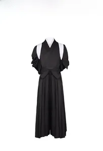 Front view of Haikyuu cosplay uniform featuring black kimono top and pleated hakama pants
