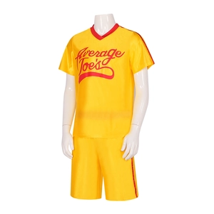 Gele Average Joe's Dodgeball sportset met rode strepen op een wit model