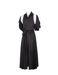 Detailed view of the black and white cosplay uniform with traditional pleats and waist tie