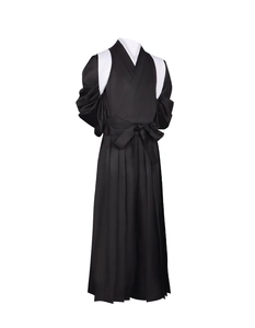 Detailed Haikyuu cosplay outfit featuring black kimono top and pleated hakama pants
