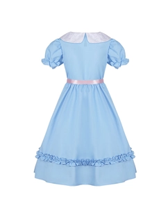 Vue arrière de la robe Alice bleu clair avec manches bouffantes et ceinture satin rose