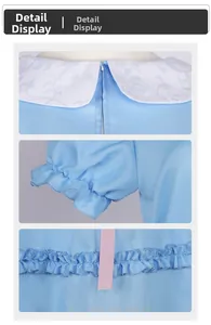 Détails de la robe cosplay bleu clair montrant le col Claudine et le ruban rose