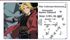S-XXL sizing chart for Fullmetal Alchemist Edward Elric cosplay suit in uniform fabric