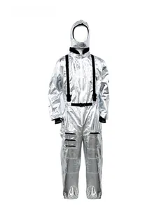 Close-up of silver metallic astronaut jumpsuit with black straps and chest emblem