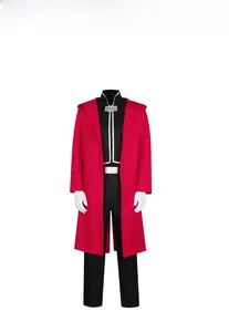 Full cosplay outfit set with red hooded cloak black shirt and white gloves on mannequin