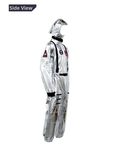 Side view of silver metallic astronaut cosplay suit with helmet and space mission patches