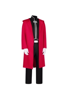 Detail of red Fullmetal Alchemist cosplay coat with black inner uniform and white gloves