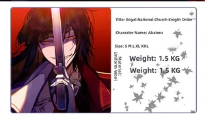Size chart and fabric details for Alucard Hellsing cosplay costume in uniform cloth