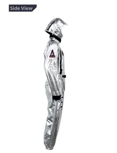Side view of silver metallic astronaut jumpsuit with space shuttle patches for cosplay