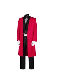 Detailed view of Edward Elric cosplay set with red hooded cloak and black uniform outfit
