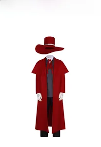 Detail view of Alucard Cosplay costume set including red coat, hat and rune gloves