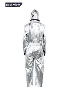 Silver astronaut jumpsuit costume back view with reflective fabric and hood details