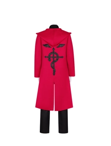 Detailed back view of Edward Elric red hooded cloak with black Flamel symbol