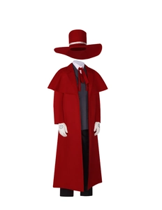 Detailed full set of Alucard Cosplay costume featuring a red coat and pentagram gloves