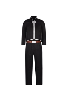 Detail of Roy Mustang black cosplay uniform with white trim and brown leather belt