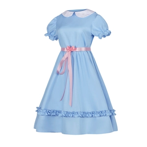 Robe de cosplay bleu clair avec col blanc et ceinture à ruban et roses roses