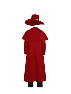 Detailed view of red Alucard cosplay trench coat with capelet and wide-brimmed hat