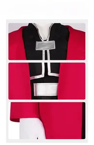 Detail shot of the red anime cosplay coat showing silver trim and layered stitching
