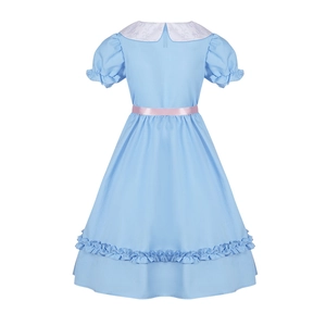 Vue arrière d'une robe de fête bleu clair pour fille avec col blanc et ceinture rose