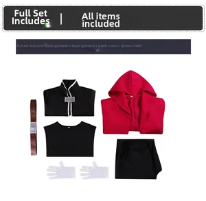Full set including red hooded coat, inner tunic, shirt, pants, gloves, and belt for cosplay