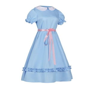 Robe de cosplay bleu clair classique avec manches bouffantes et nœud en satin rose