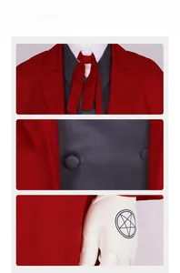 Detail view of red cosplay suit jacket, grey vest, and white glove with blue pentagram