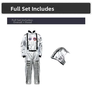 Silver astronaut jumpsuit costume with patches and flight hat for cosplay event