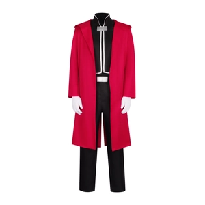 Anime Character Red Hooded Cloak Cosplay Costume Set With Black Inner Top Pants Gloves Belt For Halloween Performance