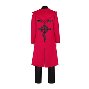 Full back view of red hooded Fullmetal Alchemist cosplay coat with Flamel symbol